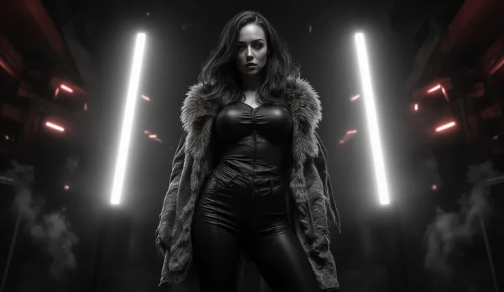 A cinematic noir-style portrait inspired by Sin City, ultra-realistic. A confident woman with long dark hair stands in a dimly lit room, wearing a sleek black outfit with a fur coat draped over her shoulders. Two vertical neon lights glow beside her, casti...