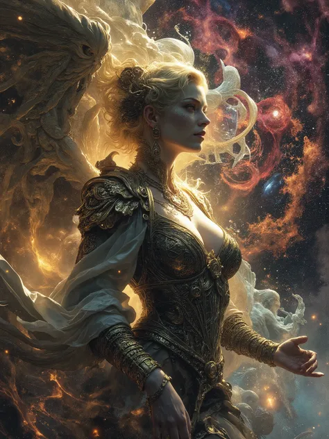 Create a surreal vibrantly and exauisitely expressed depiction of a Goddess of Magic taking the form of an Exotic european looking girl in her early 20's, sensational curvy body, with skin and hair blending blazing white energy and black smoky darkness, ,...