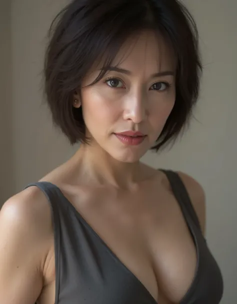 lonely desperate full of passion housewife in minimalist sexy long dress, messy bob cut short hair, expose cleavage, sexy alluring look to the camera 