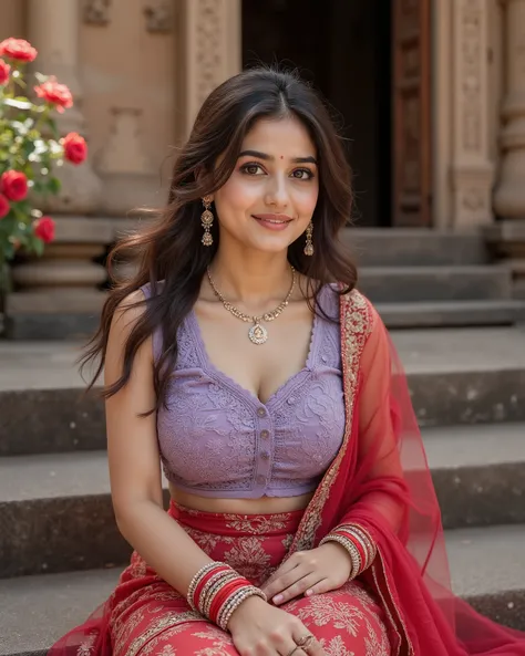anaswarasdxl, Full body image of a 20 year old Indian girl with smiling look, fair skin tone, light grey eyes, fox eyelashes, thin eyebrows, black eye liner, silver eyeshadow, natural blush, and red lipstick. Her hairs are long, brown, wavy and stylish. Sh...