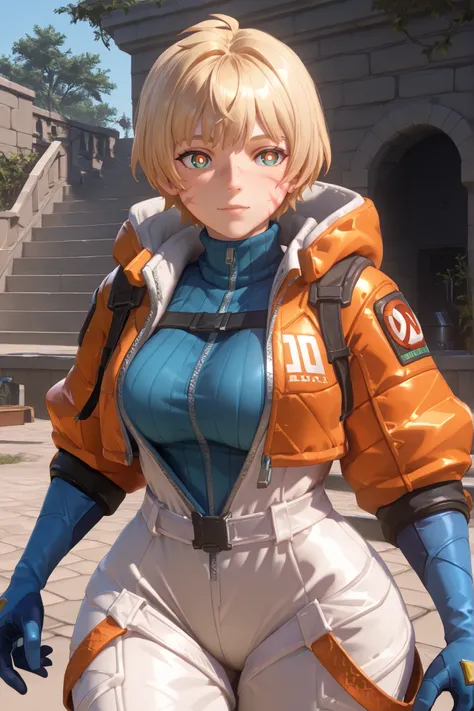 dzooworks style, 3d, apxwattsn, freckles, bangs, short hair, blonde hair, teal eyes, scar, scar on face, scar on cheek, burn scar, hood, jacket, orange jacket, puffy jacket, cropped jacket, white jumpsuit, blue gloves, score_9, score_8_up, score_7_up, sour...