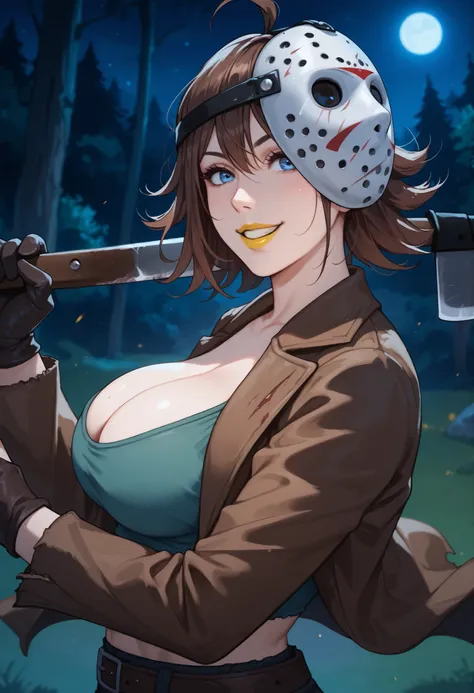 woman, big breasts, anime style, yellow lipstick, white skin, blue eyes, brown hair, brown jacket, green blouse, cropped blouse, hockey mask, hockey mask on head, focus on character, side view, evil smile, dark look, dark forest, holding a machete, night, ...
