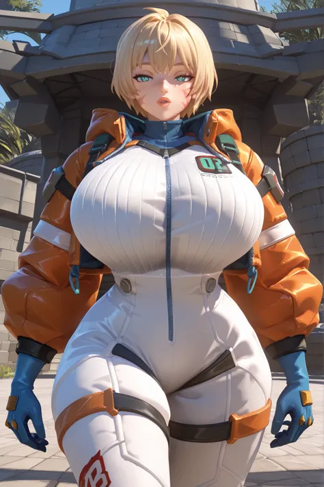 dzooworks style, 3d, apxwattsn, freckles, bangs, short hair, blonde hair, teal eyes, scar, scar on face, scar on cheek, burn scar, hood, jacket, orange jacket, puffy jacket, cropped jacket, white jumpsuit, blue gloves, score_9, score_8_up, score_7_up, sour...