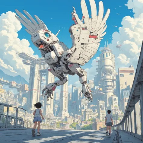 (masterpiece, best quality, highly detailed), illustration, (a highly detailed stylish bird-like robot about half the size of the teenager flying close:1.2), a teenager in light casual clothing with wearable gadgets running beside it, on a large futuristic...