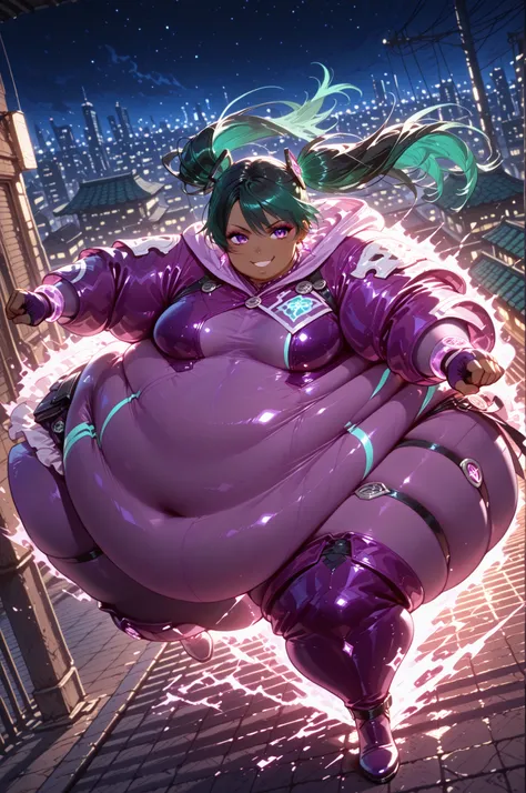 masterpiece, best quality,1girl, solo,lenalee, long hair, green hair, black hair, twin tails, hair ornament, purple eyes, medium breasts, thigh strap, purple thigh boots, purple bodysuit, purple jacket, hood down, fingerless gloves, boots, earrings, jewelr...