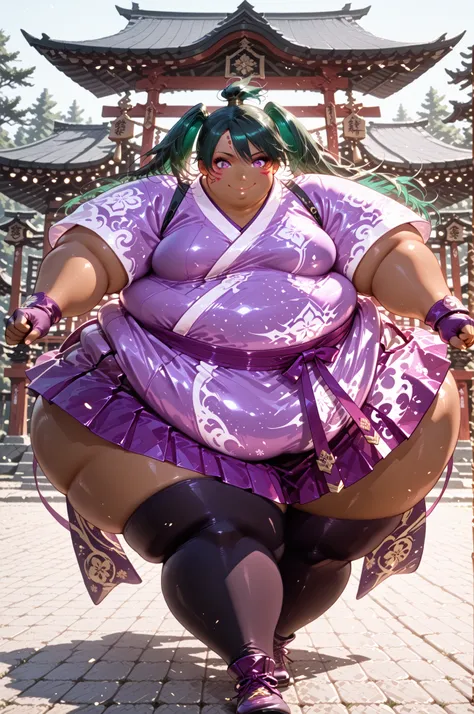 1girl, solo, masterpiece, best quality,lenalee, long hair, green hair, black hair, twintails, purple eyes, medium breasts, , black thighhighs,short sleeves,dark skin, Japanese clothes, green hair, fingerless gloves,kimono,lips,purple skirt, facial mark,hak...