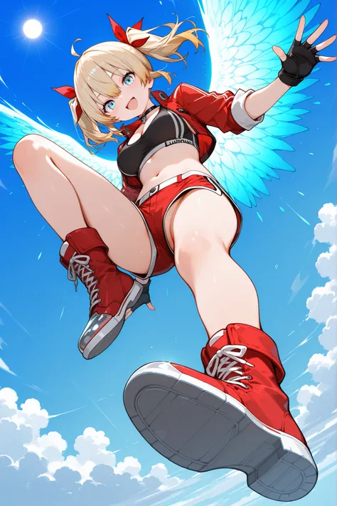 NSFW, 1girl, solo, character focus, sole of shoe focus, close to viewer, full body, from below, dutch angle, dynamic angle, light blue sky, cloud, sun, midair, standing midair, floating, hopping, outstretched leg, sole of shoe, twin tails ribbon, (red ribb...