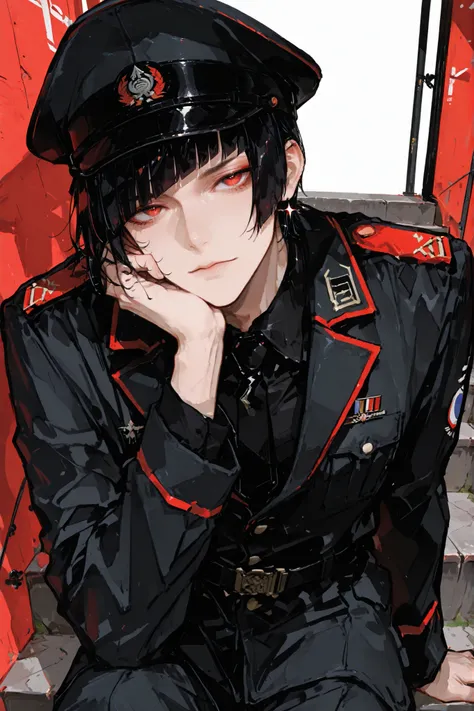 masterpiece, Highest Quality, very detailed, 2D animation style close to the beast of a person sitting on the steps in Chinatown, 一人のmale,ハンサムなmale性, 28 years old, Shiny straight short black hair, diagonal bangs, seductive, sparkling, and、Captivating an...