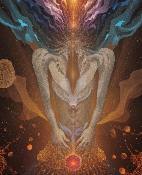 Create a surreal vibrantly and exauisitely expressed depiction of a Goddess of Magic taking the form of an Exotic european looking girl in her early 20's, sensational curvy body, with skin and hair blending blazing white energy and black smoky darkness, ,...