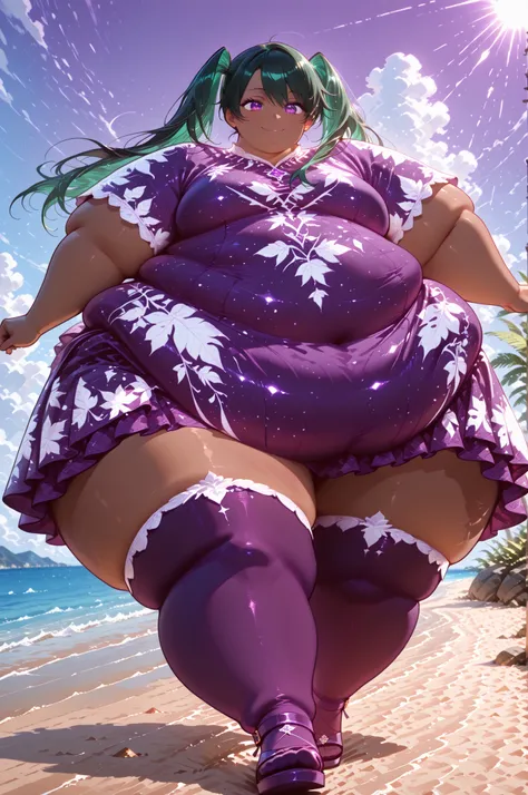 1girl, solo, masterpiece, best quality,lenalee, long hair, green hair, black hair, twintails, purple eyes, medium breasts,dark skin, purple thighhighs,lenaleegreendress,purple, dress, leaf print short sleeve dress,purple sandals,hyper fat,hyper obese,hyper...