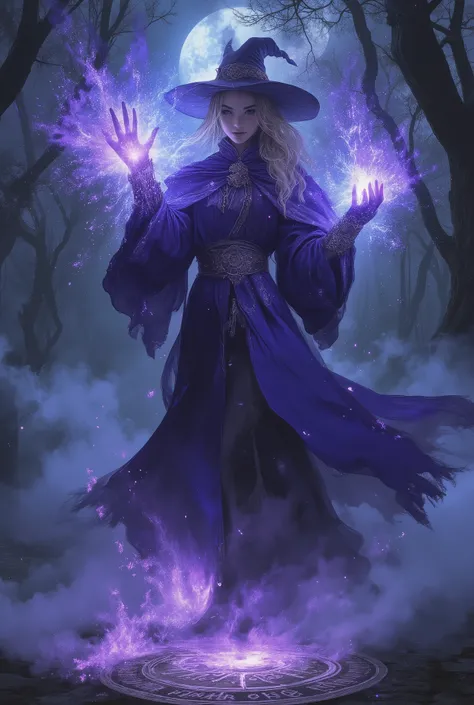 A powerful witch in mid-spell casting motion, her flowing robes billowing dramatically around her slender figure, magical energy sparking from her fingertips with vibrant purple and blue hues. Her face shows intense concentration, illuminated by the ethere...