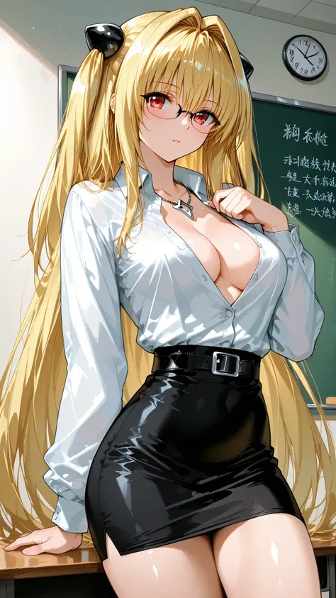 solo, Konjiki no Yami, very long hair,blonde hair,two side up,hair ornament,hair intakes,hair between eyes,bangs,red eyes, Tight waist、Small waist、shiny Skin , (upper body), A seductive and sultry female teacher outfit, featuring a form-fitting, low-cut w...