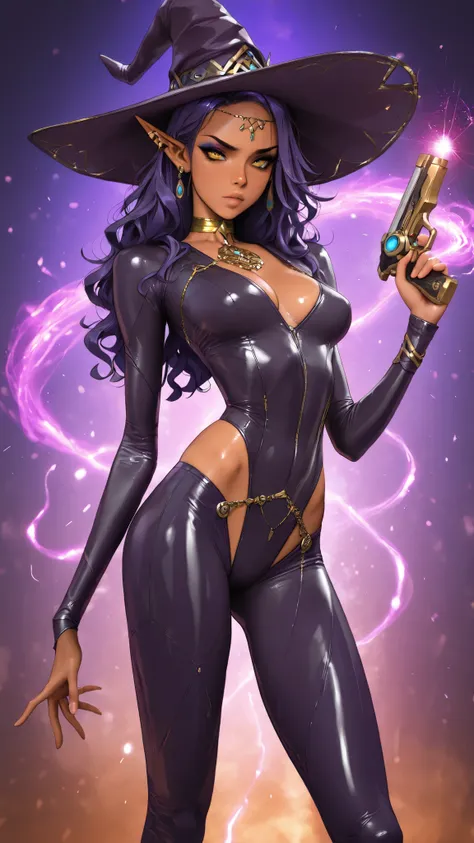 Expressiveh, masterpiece, best quality, very aesthetic, movie quality, depth of field,soft saturation, focused subject, ,official style, shiny skin,  long dark  purple hair, elf ears, curly hair, , yellow eyes, eyeshadow, (dark-skinned female
),  athletic ...