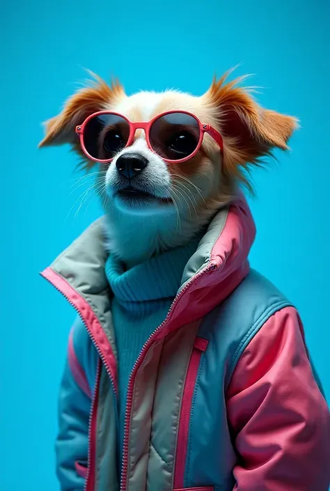 The best wallpaper for mobile, award winning wallpaper, portrait photograph, background in the front view is a portrait of a cute dog wearing space age fashion from the mid-60s, foto de lado, taken with Canon EOS R5, define a strong contrast that accentuat...