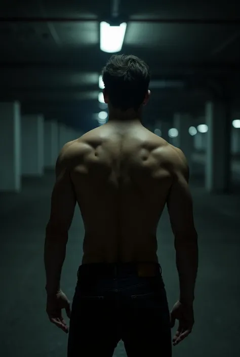 A hyper-realistic, cinematic photograph, aspect ratio 2:3. The shot is from behind, focusing on a man in his late 20s. He is standing in a gritty, dimly lit underground parking garage. He is shirtless, showing his back to the camera, and wears dark jeans.
...