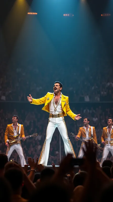 high-definition images、1985 Live Aid's New York performance バンドを後ろに従えてクィーンのフレディ・マーキュリーがsings solo、at the fully booked Madison Square Garden