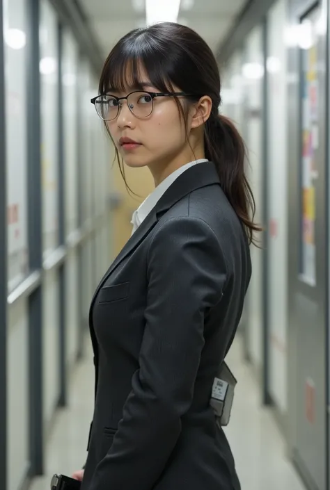 Strict Japanese female teacher、She's wearing glasses、wears a charcoal gray suit in a clean white blouse with all buttons closed、She holds２I'm standing in the hallway with a bookmark by my side and looking back