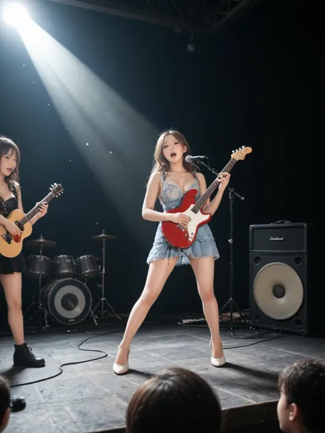 Highest Quality,masterpiece,RocksingerのStage,Rock,singer,Stage,under the spotlight,The sound of a guitar cuts through the night sky,sweat,Screams mixed in,passion,エネルギーに満ちたStage,is soft to the touch,Delicate Body Curves,Realistic Human Body,Poses with Move...