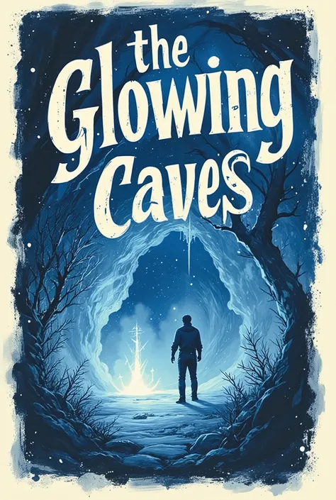 Enhanced_Lighting_and_Textures,A dark fantasy book cover featuring a misterious man approaching a glowing ancient artifact in a cave on a misty forest, with bold serif typography and deep blue tones the book title is "the Glowing Caves", Oil painting by Je...
