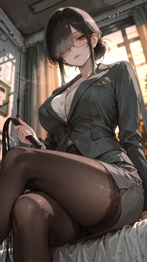 (masterpiece), (Highest Quality), (very detailed), (detail background), 8k, 32K, high resolution, 
(perspective:1.2),(blurry background:1.4), (perspective:1.3),DYNAMIC ANGLE, from below,
infirmary,evening,sitting,crossed legs,whip,kubrick stare,dust,
black...