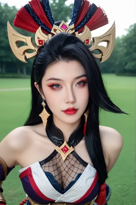 Garota cosplayer, ela é cosplayer de hanabi mobile from legends, hanabi from mobile legends, ultradetalhado, she's staring deafly ,pele real,textura da pele,  she's standing on a lush green field