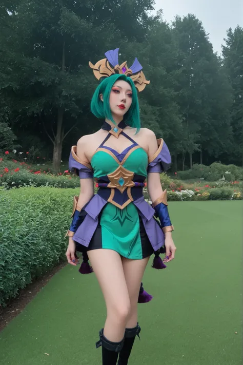 Mulher cosplayer, ela é cosplayer de hanabi mobile from legends, hanabi from mobile legends, ultradetalhado, she's staring deafly ,pele real,textura da pele,  she's standing on a lush green field, sensual, pernas grossas, seios enormes