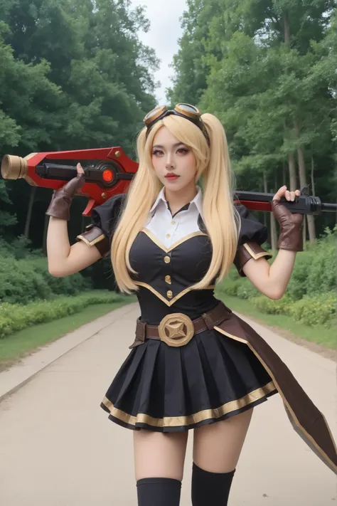 Foto ultradetalhada, garota cosplayer, ela é cosplayer de layla from mobile legends, ( layla from mobile legends), twintails, blonde, blonde hair, long hair, very long hair, red eyes, goggles, goggles on head, gloves, thighhighs, skirt, short sleeves, fing...