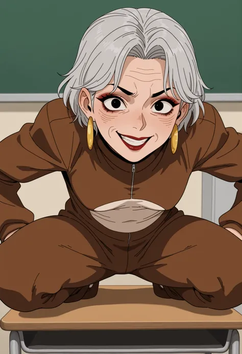 Grandma. gray hair, black eyes, short hair, dark red lips, wrinkles, earrings, makeup, small  breasts, } pixel-perfect masterpiece, best quality, highres, highly detailed, parody, squatting on school desk, monkey costume,  meme, exaggerated emotions, facia...
