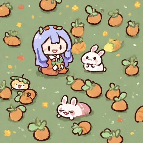 a small chibi girl with purple hair wearing a bunny onesie and holding a carrot plushie, surrounded by baby bunnies, in a garden, happy times