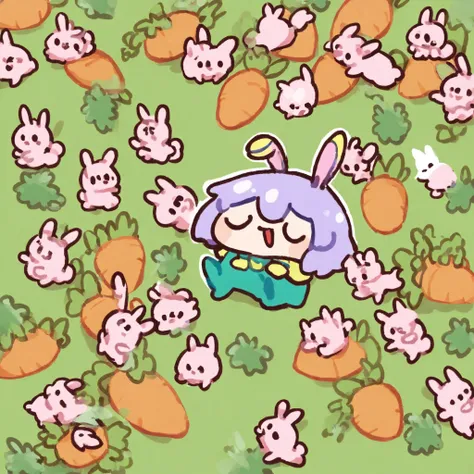 a small chibi girl with purple hair wearing a bunny onesie and holding a carrot plushie, surrounded by baby bunnies, in a garden, happy times