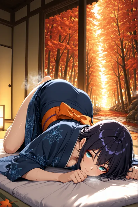 halloween,Woman in Japanese Kimono,Midnight Halloween,Woman in kimono,doing Halloween cosplay,ultra-aesthetic, anime style, smile,{best quality}, {very aesthetic}, {ultra-detailed}, {best illustration},autumn,{{autumn leaves}}, being invited, quiet country...