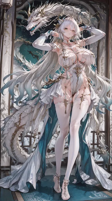 heavenly divine dragon girl, white huge dragon horns with golden ends, big dragon tail, white hair, ver long hair, thick hair, very big breast, green-blue gradient dragon eyes, white dragon sexy revealing outfit with breast curtains, white nylon stockings,...