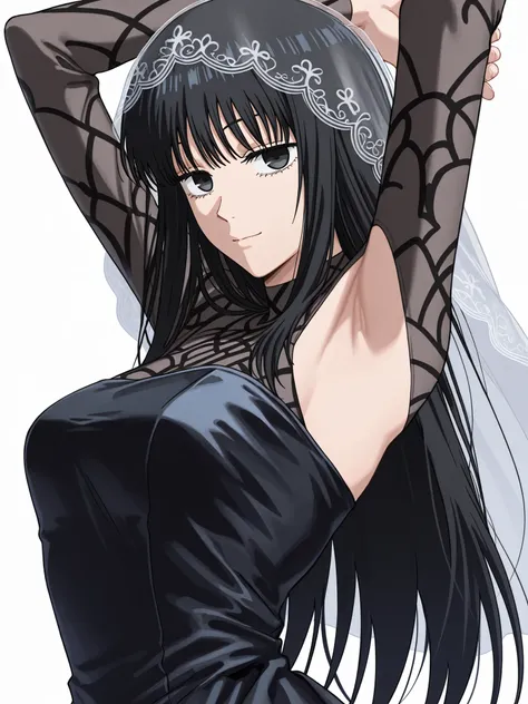 masterpiece, best quality, amazing quality, anime screencap, 1girl, solo, osaragi, osaragi (sakamoto days), black hair, long hair, black eyes, veil, black dress, arms up, raised arms, armpit, head towards viewer, looking at viewer, (front light:1.1), from ...