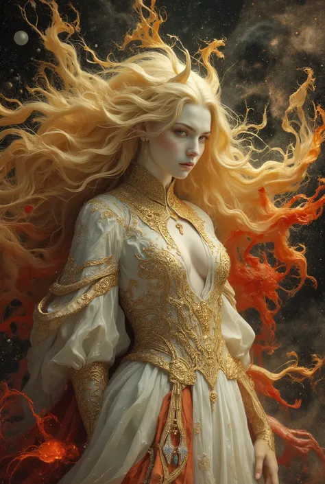 best, highest quality, ultra high resolution, masterpiece, hyperreal impressionistic full portrait done in a surreal dark fantasy style, what appears to be a gorgeous 20 year old albino vixen is something cosmic that towers over planets in its true form, a...