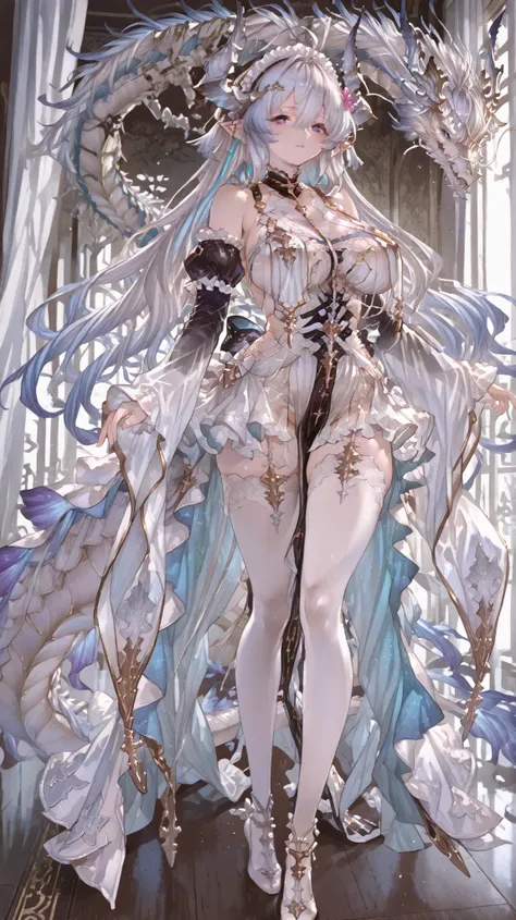 heavenly divine dragon girl, white huge dragon horns with golden ends, big dragon tail, white hair, ver long hair, thick hair, very big breast, green-blue gradient dragon eyes, white dragon sexy revealing outfit with breast curtains, white nylon stockings,...