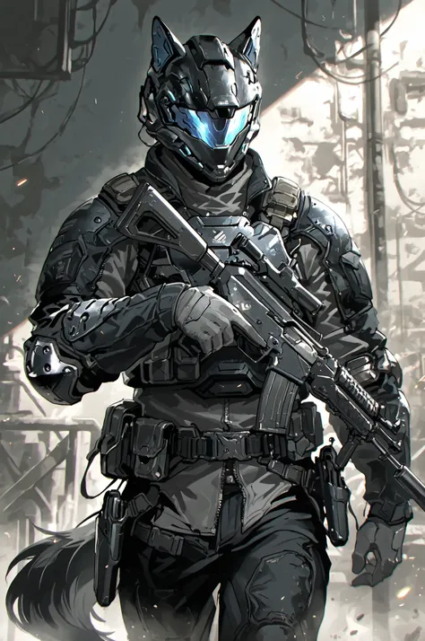 hkfuture,(masterpiece, detailed:1.2), 1boy, animal ear headwear, armor, assault visor, assault rifle, belt, belt pouch, black fur, black helmet, black jacket, black pants, blue visor, breastplate, cowboy shot, elbow pads, faceless male, folding stock, glov...