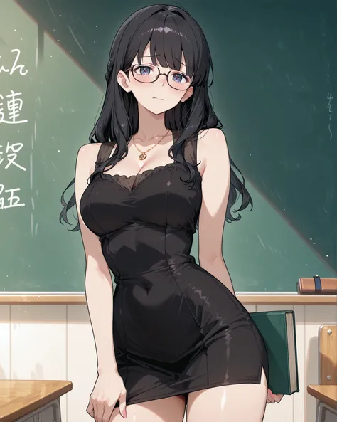 Shy,  an ordinary teacher with glasses, She has a slender waist，beautiful figure curve, a necklace around her neck, she's wearing a sleeveless black mini dress, She stood in the classroom, She's holding a book、long hair