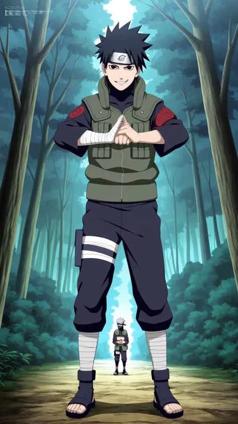 1 boy,Wearing a white Kabuki mask((( Join hands and cast a ninja spell Hold up 2 fingers))), anime characters in green vests and black pants standing in a forest, itatchi uchiha, kakashi hatake, kakashi, sasuke uchiha, choke smirk smile grin, itachi uchiha...
