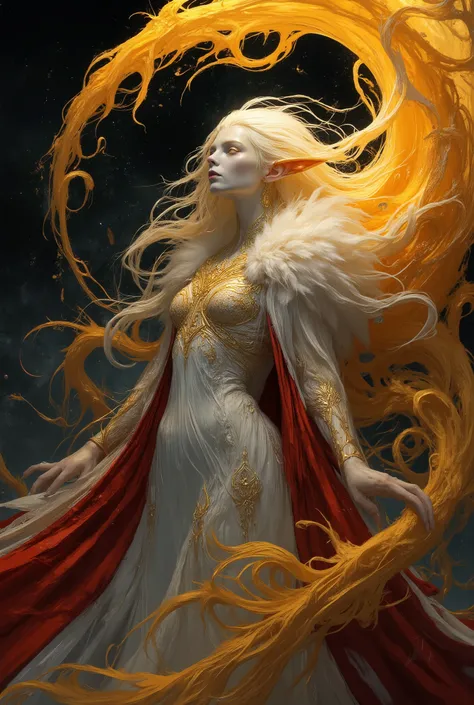 best, highest quality, ultra high resolution, masterpiece, hyperreal impressionistic full portrait done in a surreal dark fantasy style, what appears to be a gorgeous 20 year old albino vixen is something cosmic that towers over planets in its true form, a...