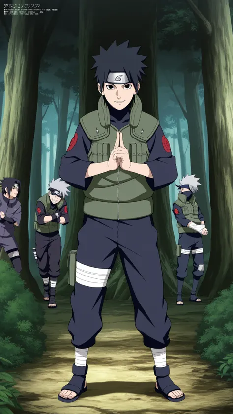 1 boy,Wearing a white Kabuki mask, ((( Join hands and cast a ninja spell Hold up 2 fingers))), anime characters in green vests and black pants standing in a forest, itatchi uchiha, kakashi hatake, kakashi, sasuke uchiha, choke smirk smile grin, itachi uchi...