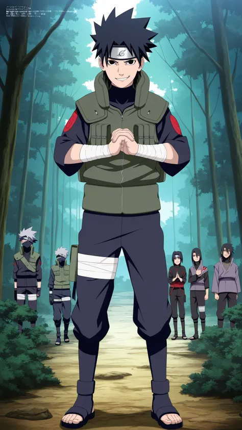 1 boy,Wearing a white Kabuki mask, ((( Join hands and cast a ninja spell Hold up 2 fingers))), anime characters in green vests and black pants standing in a forest, itatchi uchiha, kakashi hatake, kakashi, sasuke uchiha, choke smirk smile grin, itachi uchi...