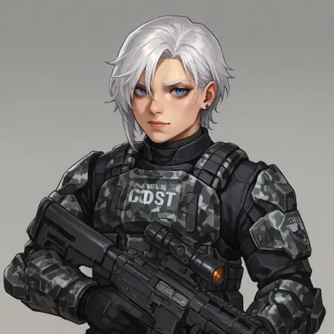 a goth female odst with white hair holding a battle rifle, camo armor pattern, pretty face, androgynous