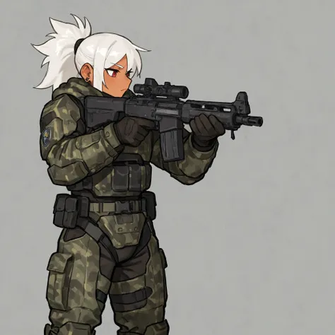 By bebebebebe, by spuydjeks, by buta99, by spikedmauler a goth female odst with white hair holding a battle rifle, camo armor pattern, pretty face,