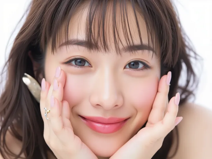 (Refined from an old photo, recreated in a modern, ultra high-quality photorealistic style, with a trendy Reiwa-era hairstyle: soft semi-long hair with natural waves and airy see-through bangs),
Ultra photorealistic close-up portrait of a beautiful Japan...