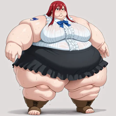 erza scarlet, long hair, red hair, hair between eyes, brown eyes, skirt, shirt, bow, boots, sleeveless, sleeveless shirt, tattoo, white shirt, frills, thighs, barefoot, bare hands, dark eyes, ,  fat, chubby, obese, gigantic arms and legs, large breasts, sw...
