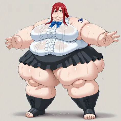 erza scarlet, long hair, red hair, hair between eyes, brown eyes, skirt, shirt, bow, boots, sleeveless, sleeveless shirt, tattoo, white shirt, frills, thighs, barefoot, bare hands, dark eyes, ,  fat, chubby, obese, gigantic arms and legs, large breasts, sw...