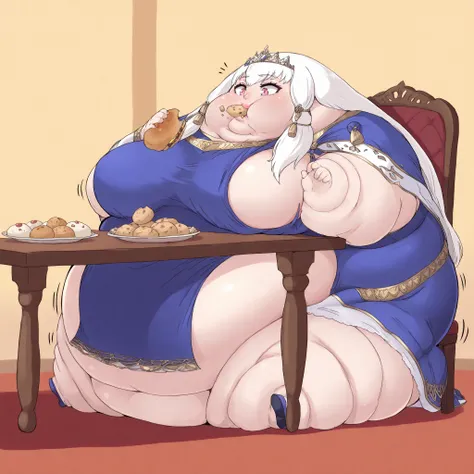 1girl, lytts, long hair, white hair, tassel hair ornament, pink eyes, royal dress, crown, tiara, fat, chubby, obese,, large breasts, full body shot, big lips, lipstick, puffy cheek, motion line, sitting , in front of tones of food, table, chair, eating foo...