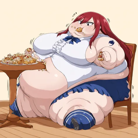 erza scarlet, long hair, red hair, hair between eyes, brown eyes, skirt, shirt, bow, boots, sleeveless, sleeveless shirt, tattoo, white shirt, frills, thighs breasts,hips,thighs, fat, chubby, obese,, large breasts, full body shot, big lips, puffy cheek, mo...