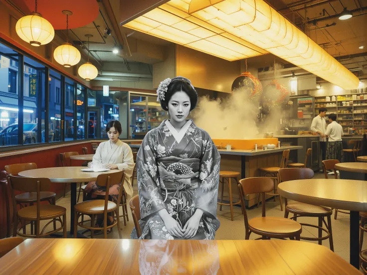 A masterpiece of art Photography in the style of Nao Tsuda. hostly apparition technique. Ghost in the Ramen Shop, A modern ramen shop at night, shot on color film with rich warm shades — ochre, umber and reddish accents from paper lanterns. The central cou...