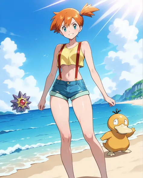 (masterpiece, best quality, Ultra high definition, 4k, 8K), anime style/vibrant cartoon faithful to the official design of Pokémon.
Misty, Pokémon Trainer , young and athletic girl with orange hair tied in a side ponytail, big sky blue eyes, cheerful and e...
